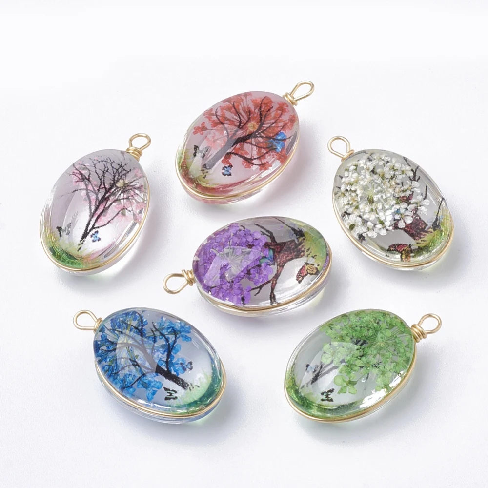

Glass Pendants with Dried Flower Inside & Brass Findings Oval Golden Mixed Color 23x13x10mm Hole: 2mm