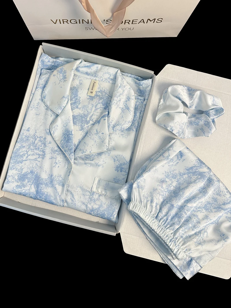 Korean Fashion Sleepwear Faux Satin Nightwear 2 Pieces Pyjamas Casual Pajama Set with Shorts Soft Smooth Ink Painting Outfits