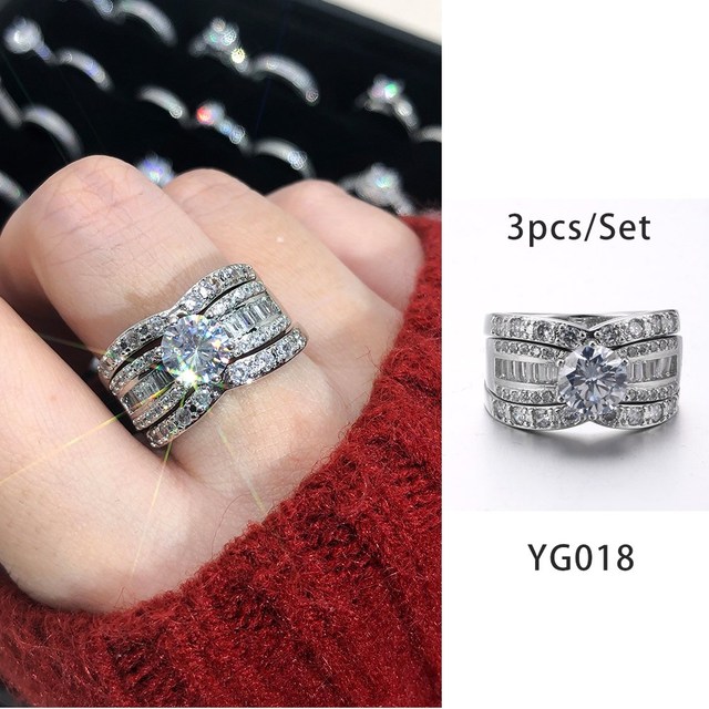 Luxury Diamond Promise Ring Set for Women Bridal Silver Color Big Zircon Proposal Marriage Wedding Cocktail Ring Jewelry