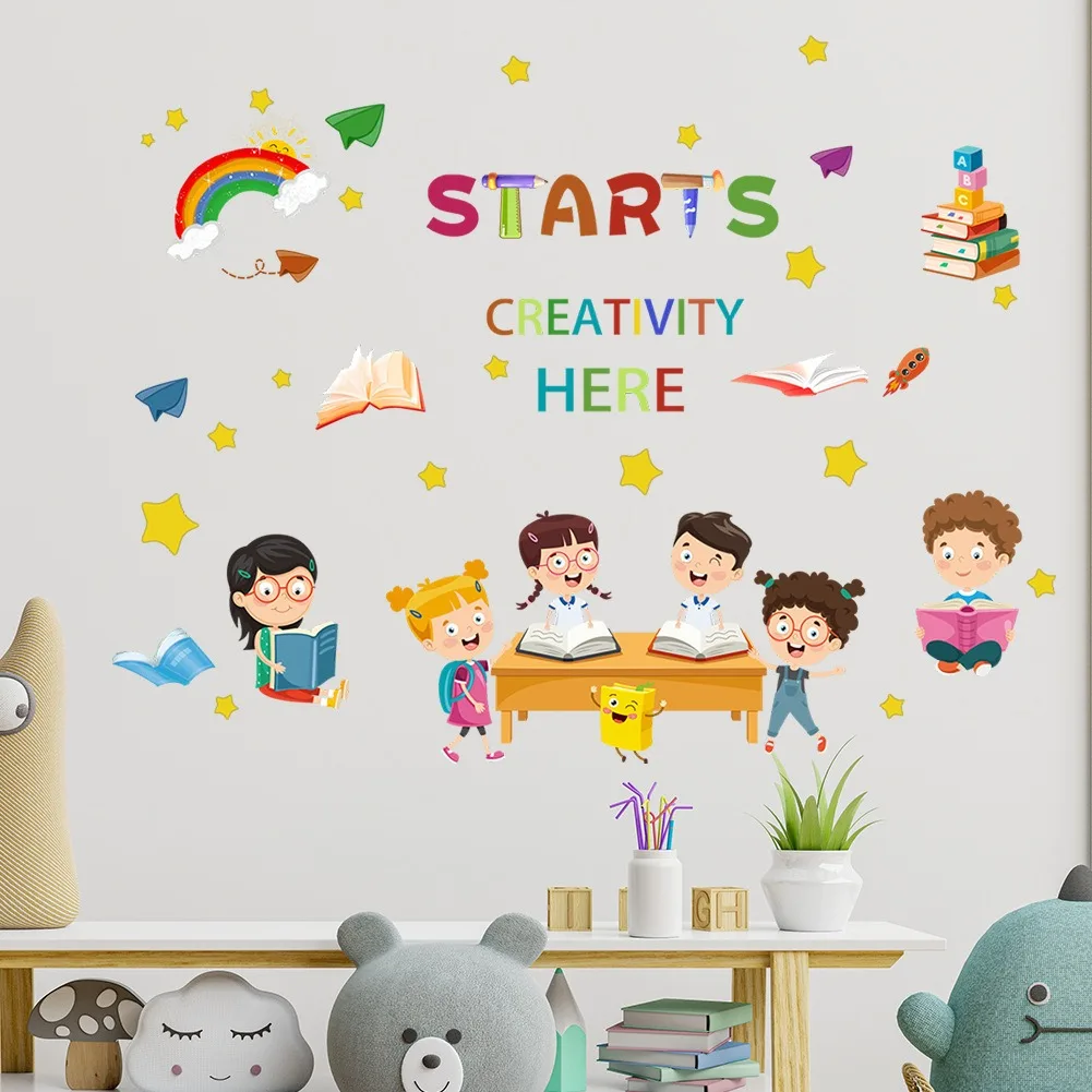 Cartoon Boy and Girl Reading Wall Stickers Detachable Children's Tenant Hall Nursery Decoration Wall Stickers