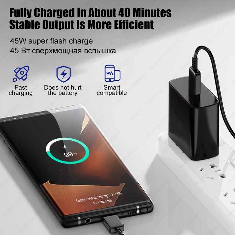 For Samsung 45W Super Fast Charger For Samsung Galaxy S24 S20 S21 S22 S23 Ultra Plus A54 5G USB Type C Charger Fast Charge Cable