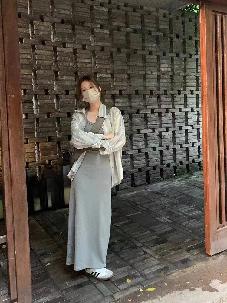 여성용 줄무늬 셔츠, 자외선 차단 가디건 탑, 빈티지 한국 시크 루즈 패션 스트리트웨어, 통기성 숙녀 상의, 2024 여름