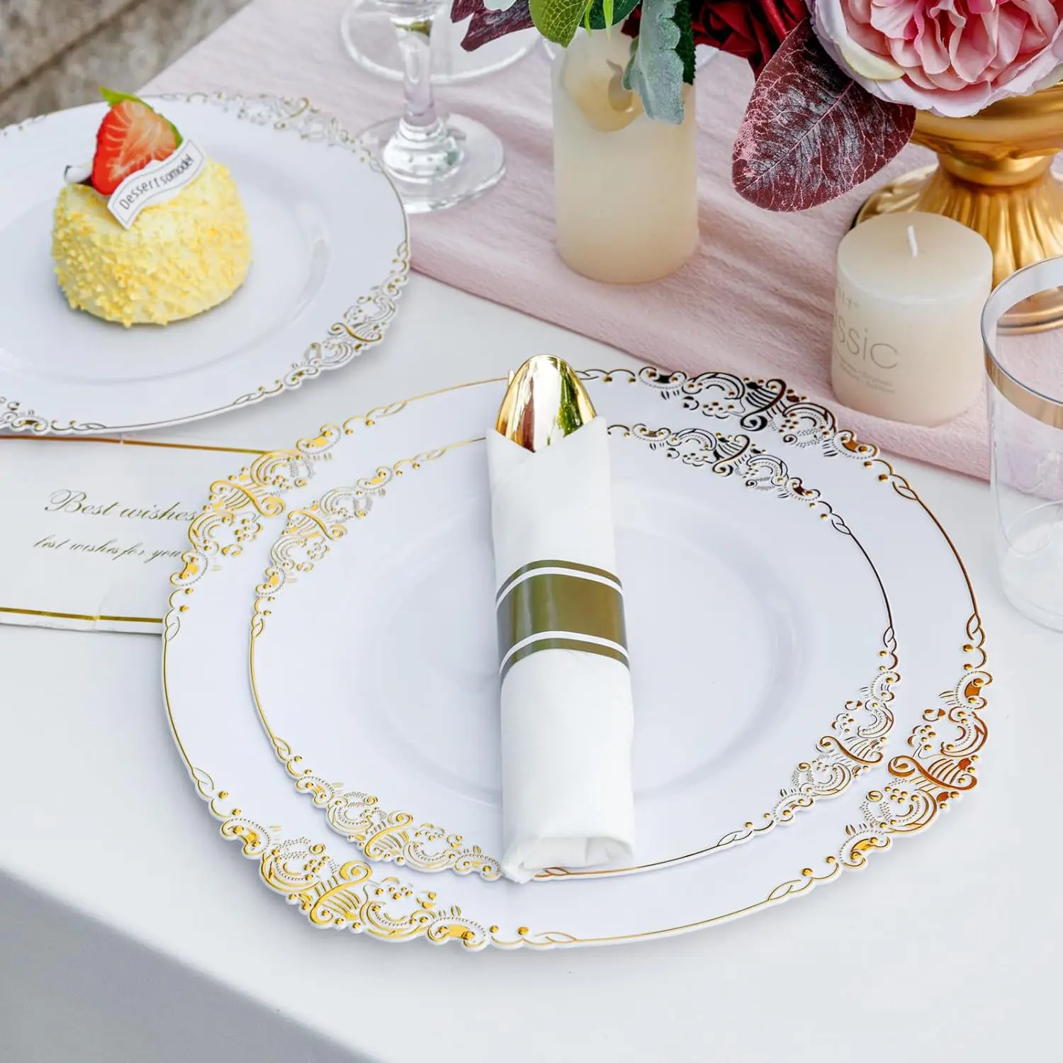 350PCS Gold Plastic Plates-Disposable Dinnerware Plates and Pre Rolled Napkins with Plastic Cutlery Party(Heavyweight)