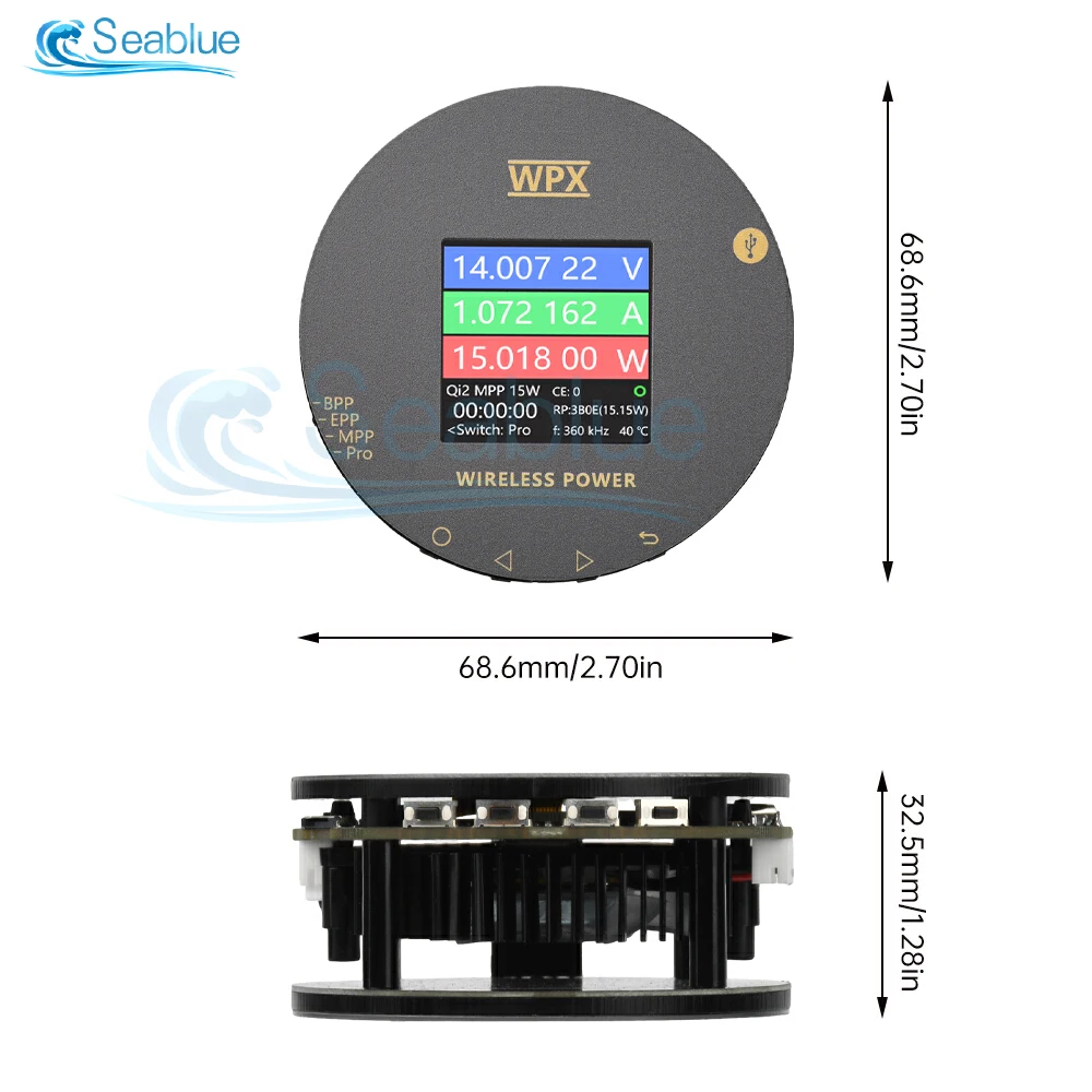 WPX-0001A 1.54 LCD 무선 충전기 테스터 Qi2/MPP 25W 고속 충전 전압/전류/전력계 Type-C 자기 전력 분석기