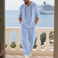 Nouvel ensemble pull à capuche en lin pour homme - coupe ample, chemise décontractée confortable à manches longues et pantalon large - tenue de plage estivale 5