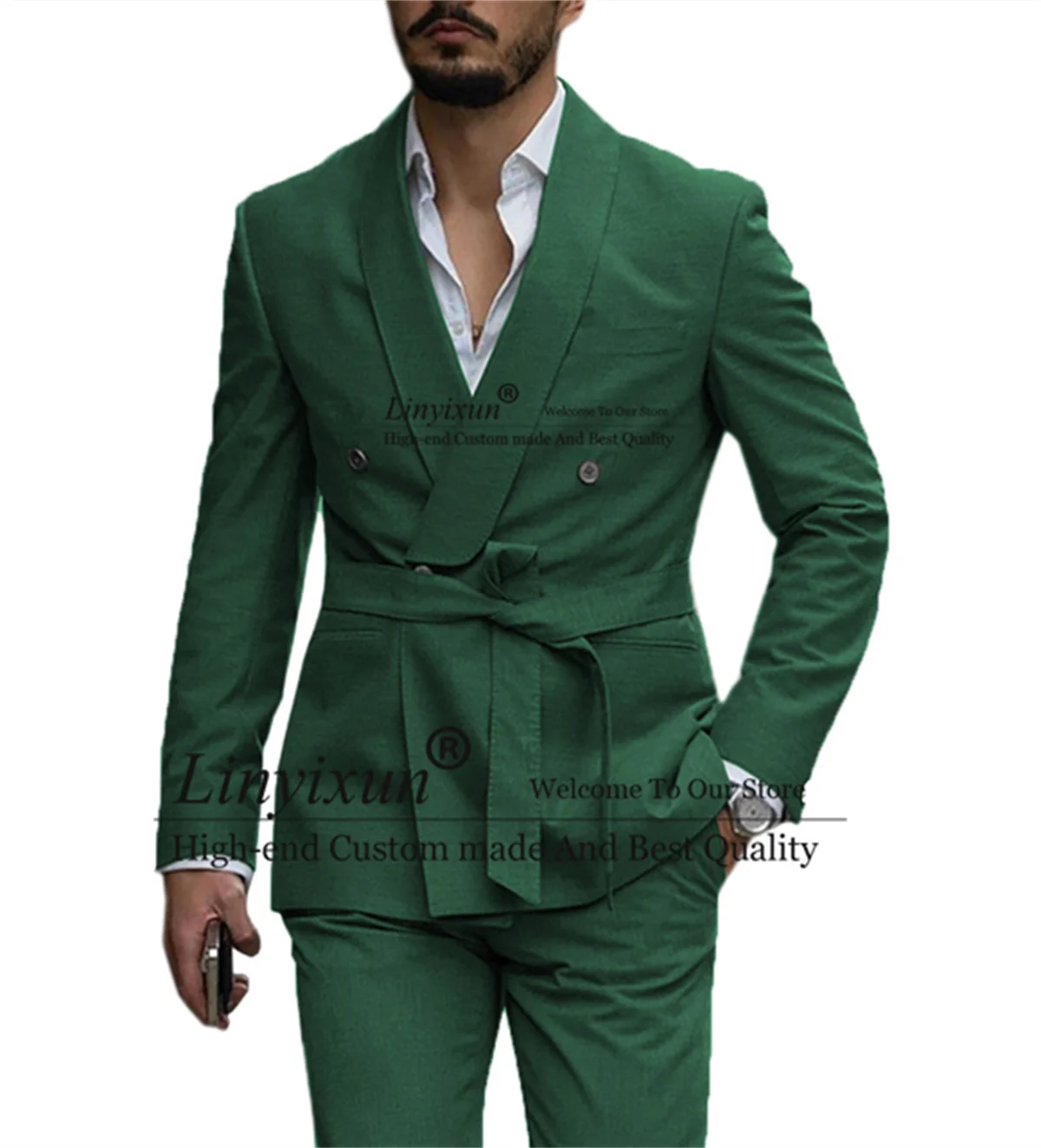 

Green Men Suits With Belt Shawl Lapel Groom Wedding Tuxedos 2 Pieces Jacket Pants Sets Business Male Blazers Slim Costume Homme