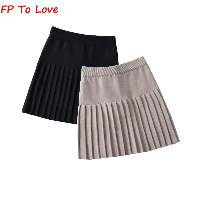 

Khaki Spice Girls High Waist Knitted Pleated Skirt Stretchy Skinny College Style A-line Pleated Skirt Black Half-body Skirt