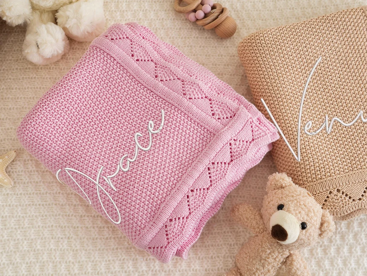 Personalized Knitted Blanket for Baby Boy Or Girl Soft Breathable Embroidered Name Blanket Baby Shower Stroller Birthday Gift 3