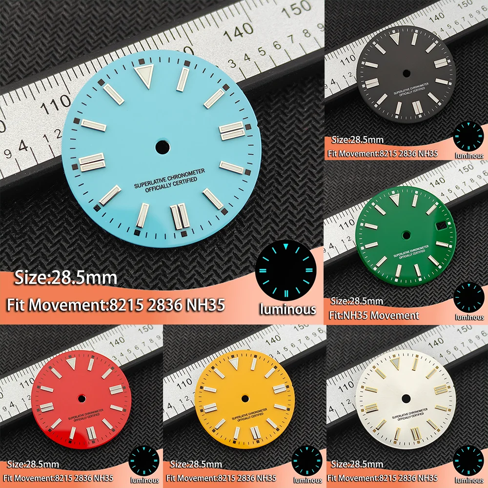 Tarcza zegarka 28,5 mm pasująca do mechanizmów NH 35 ETA 2836 Miyota 8215, luminescencyjna, niebiesko-zielona, męskie zegarki, nowe akcesoria, wielokolorowa.