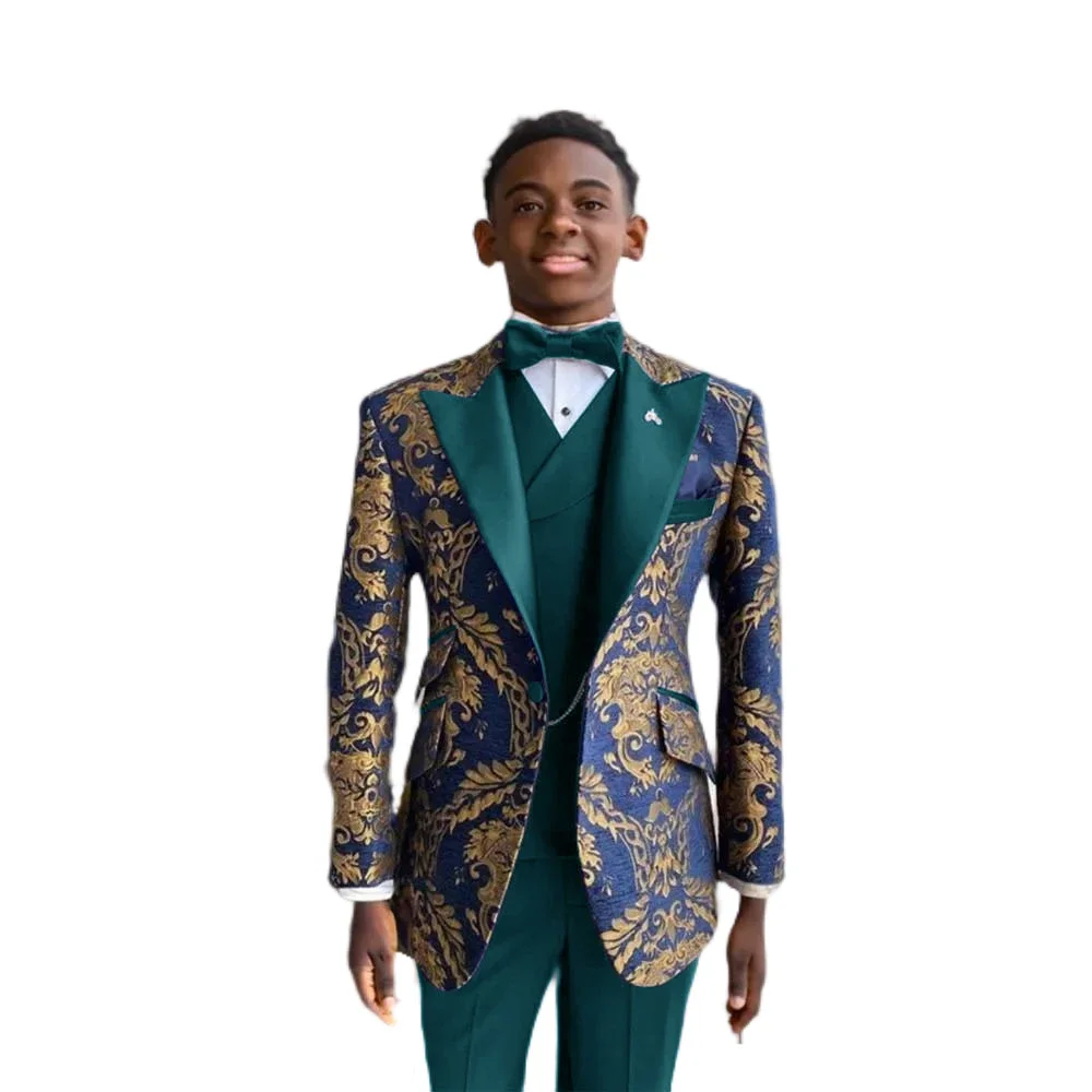 Boys Suits Wedding Tuxedo Navy Blue Gold Pattern Jacket Vest Pants 3 Pcs Set Formal Party Fashion Kids Blazer Sets