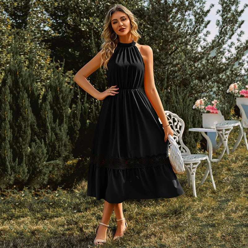 

Sexy Halter Tie Waist Maxi Dresses Elegant Ladies Sleeveless Evening Party Dresses Summer Female Lace Solid Patchwork Dress
