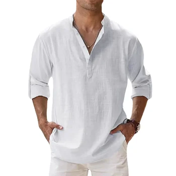 New Cotton Linen Shirts for Men Casual Shirts Lightweight Long Sleeve Henley Beach Shirts Hawaiian T Shirts for Men Streetwear 1