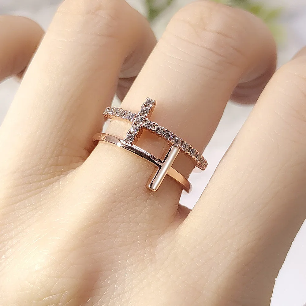 Double Cross Delicate Chic Rings Rose Gold Color Mirco Zircon Fashionable All Size Finger Ring Trendy Couple Dating Jewelry