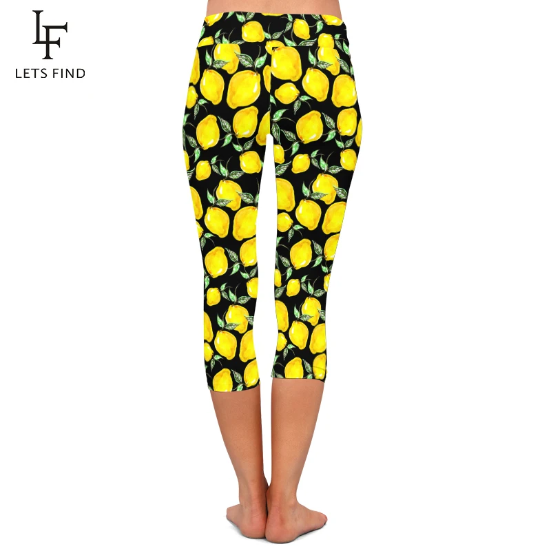 Summer New 3d Lemon Digital Printed Capri Leggings High Waist High Elastic Mid-Calf  Women Black Leggings Hot Sale
