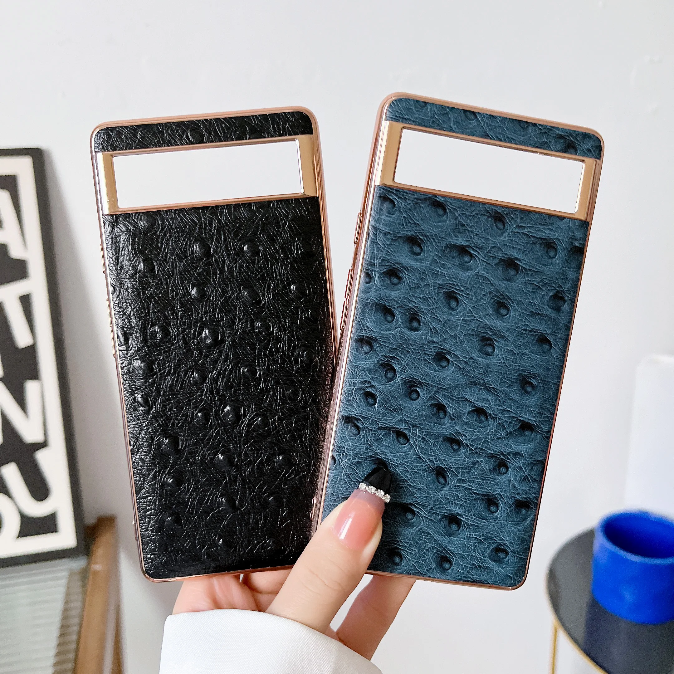 Retro Genuine Cowhide Leather Phone Case for Google Pixel 8 7 Pro 6A  Classic Ostrich Skin Pattern Glossy Frame Armor Back Cover