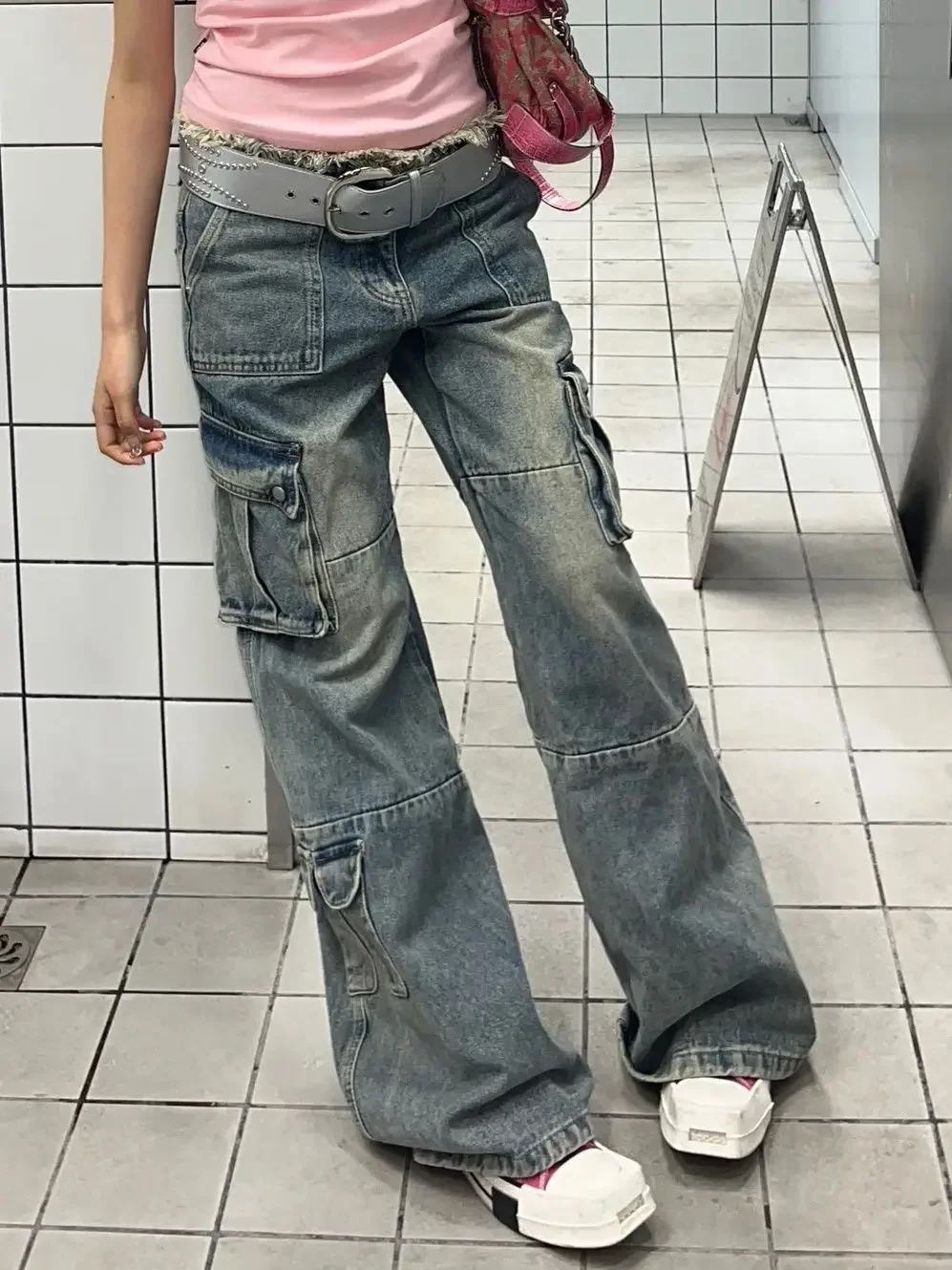 American street spring and autumn vintage straight leg multi pocket workwear jeans for couples loose and trendy casual pants y2k 2