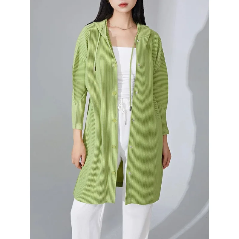 

Miyake Pleated Trench Coat Women Hooded Single Breasted Full Sleeve Full Sleeve Chic Style Solid Color Autumn New 2024