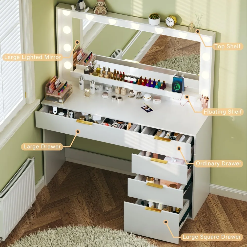 Makeup Vanity Desk with Lights & Large Mirror, 39.3in Vanity Desk with Mirror and Lights, 3 Lighting Color Adjustable, 5 Drawers 3