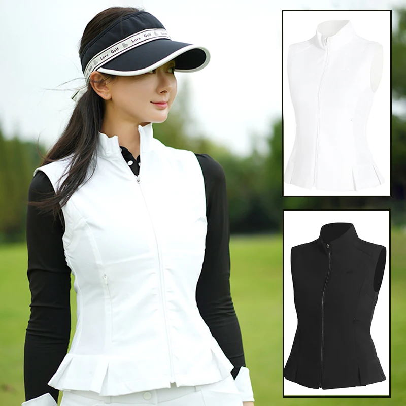 Love Golf Women Trendy Vest Ruffle Slim Sleeveless Cardigan Ladies Versatile Stand Collar Tops Windproof Autumn Golf Jacket