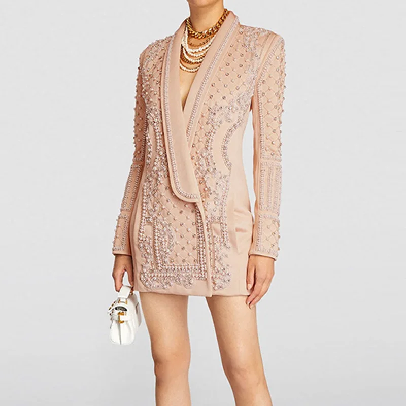 

TOP QUALITY Newest 2024 Fashion Designer Women's Shawl Collar Stunning Diamonds Pearls Beaded v neck luxury Blazer jacket Dress