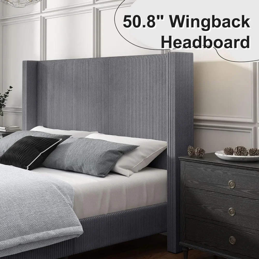 Queen Size Bed Frame, Wingback Beds with 50.8" Headboard, No Box Spring Needed, Noise Free, Upholstered Platform Bed Frame
