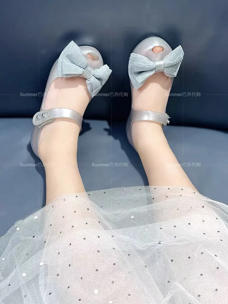 Mini Melissa 2024 New Girl Fashion Fabric Bowknot Jelly Shoes Children Summer Sandals Kids Soft Soled Princess Beach Shoes 5