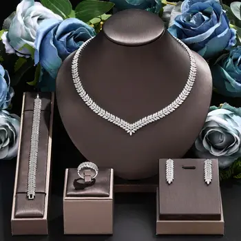 Zirconia Bridal Jewelry Set For Women Dubai Saudi Wedding Necklace Earring  Bracelet Ring Set Prom Evening Dress Party Jewelry 1