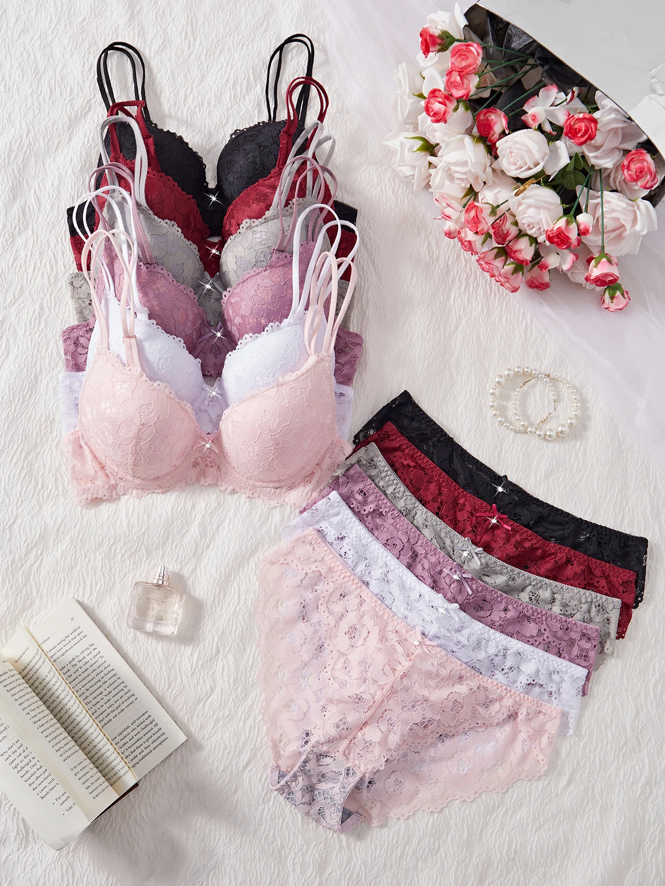 6-Piece Set Women's Bra and Panties Set Sexy Floral Lace Patchwork No Lining Comfortable Close-Fitting Women's Push-Up Bra Women's Underwear Set