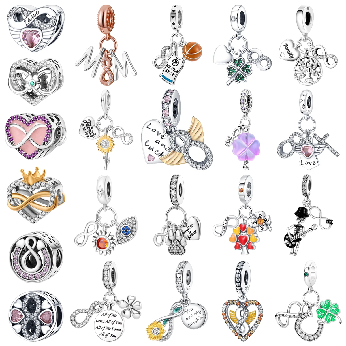 Original 925 Sterling Silver Heart Flower Clover Horseshoe Tree of Life Beaded Charm for Pandora DIYBracelet Ladies Jewelry Gift