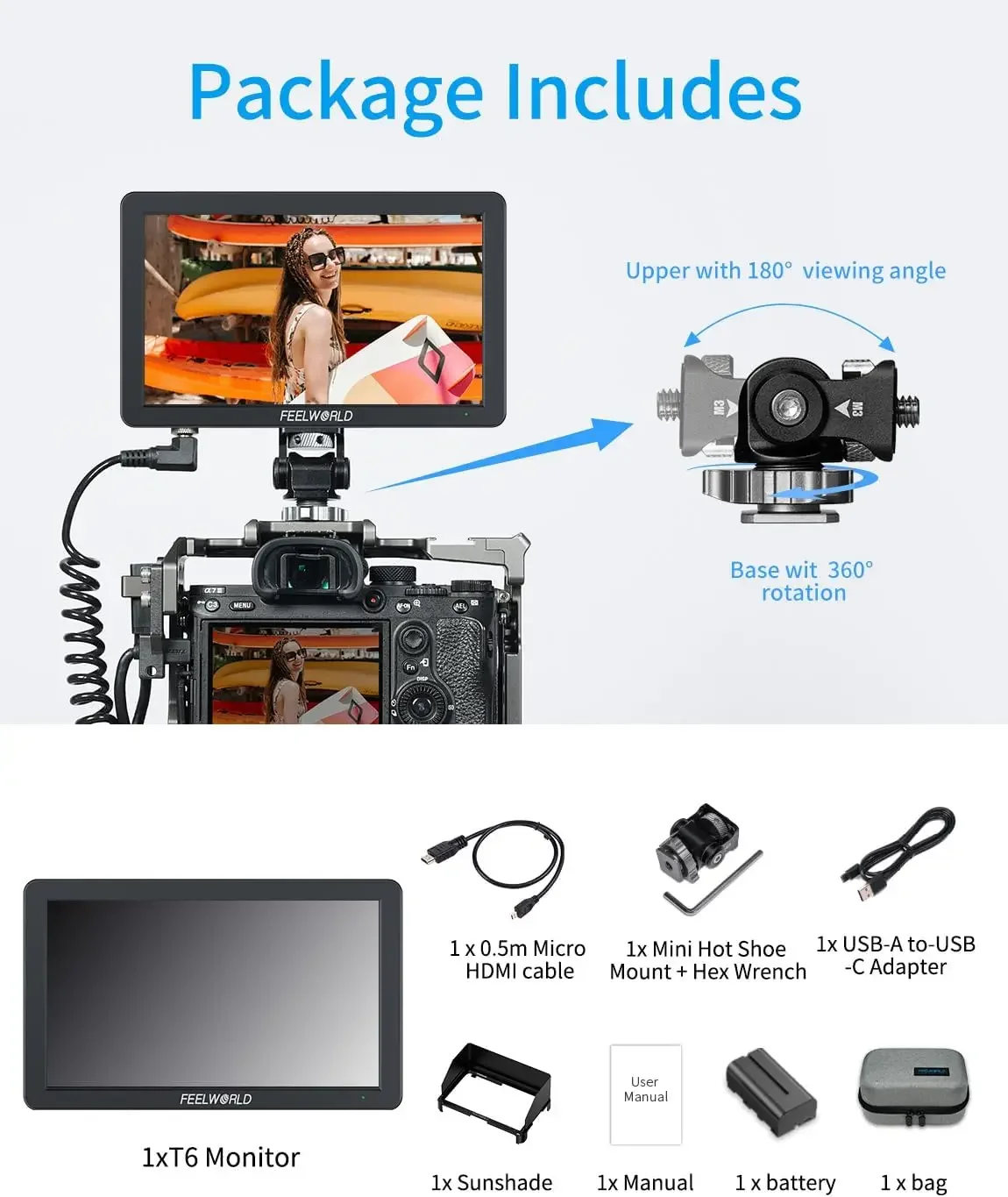 FEELWORLD T6 6Inch On-camera Field Monitor 3D LUT 4K HDMI 1920x1080 IPS Aluminum