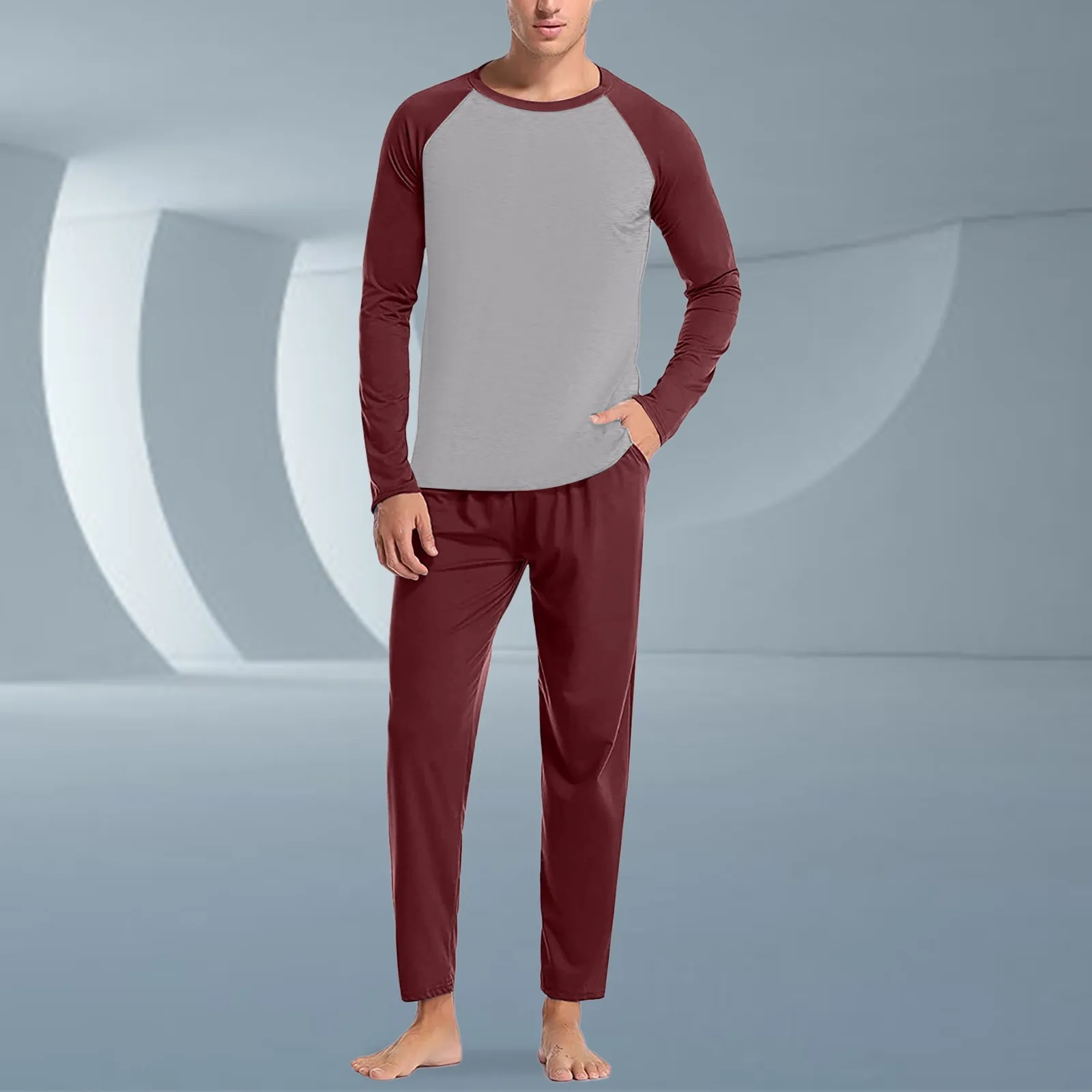 Mens Four Seasons Soft Home Solid Color Shirt Pants Pajama Set Home Service Two Piece Set pyjama nightwear sleeping pijamas