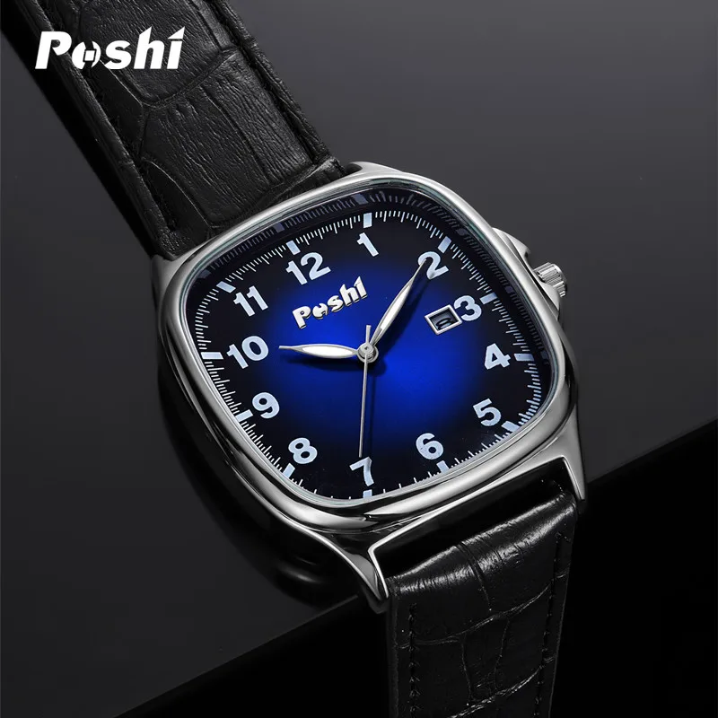 POSHI Men Watch Fashion Leather Strap Quartz Watches Waterproof Luminous Calendar Top Brand Luxury Casual Sport Men's Wristwatch 5