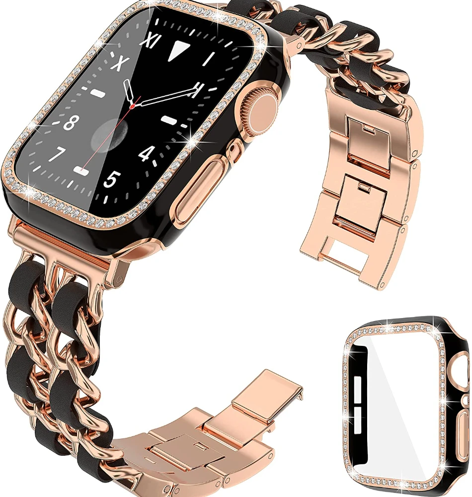 Metal Strap+Case For Apple Watch 45mm 41mm 44mm 40mm 42mm Diamond Protective Glass Case For iWatch 8 7 6 5 4 3 SE Women Bracelet
