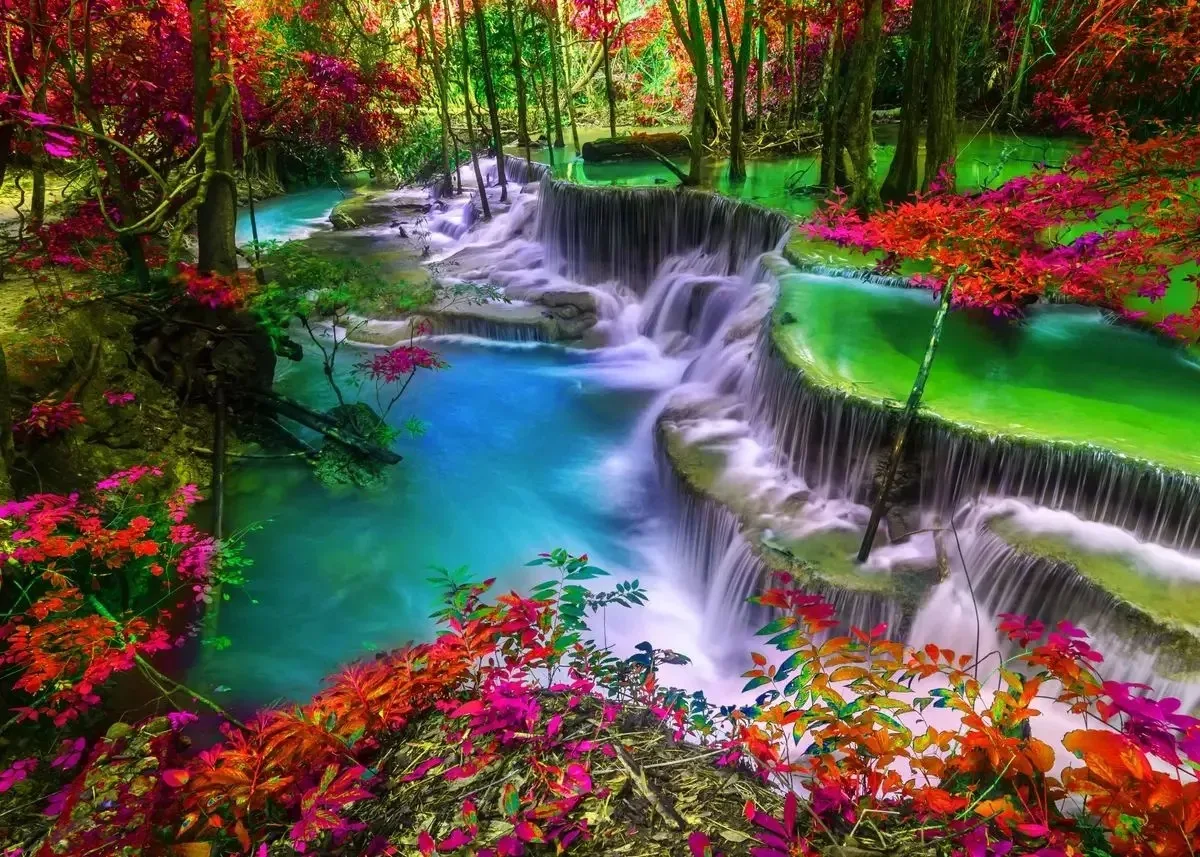 thumbnail image 1 of Pintura en lienzo de paisaje con cascada natural, carteles e impresiones de árboles verdes y bosques, arte de pared para sala de estar, decoración del hogar, sin marco, 1 of 5