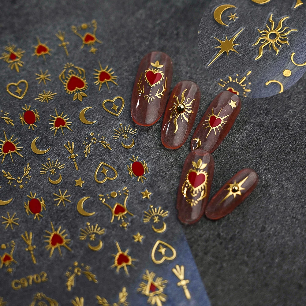 1pcs 3D Bronzing Gold Love Heart Nail Art Stickers Y2K Holographic Stars Sun Sliders Starlight DIY Decals Manicure Decoration 3