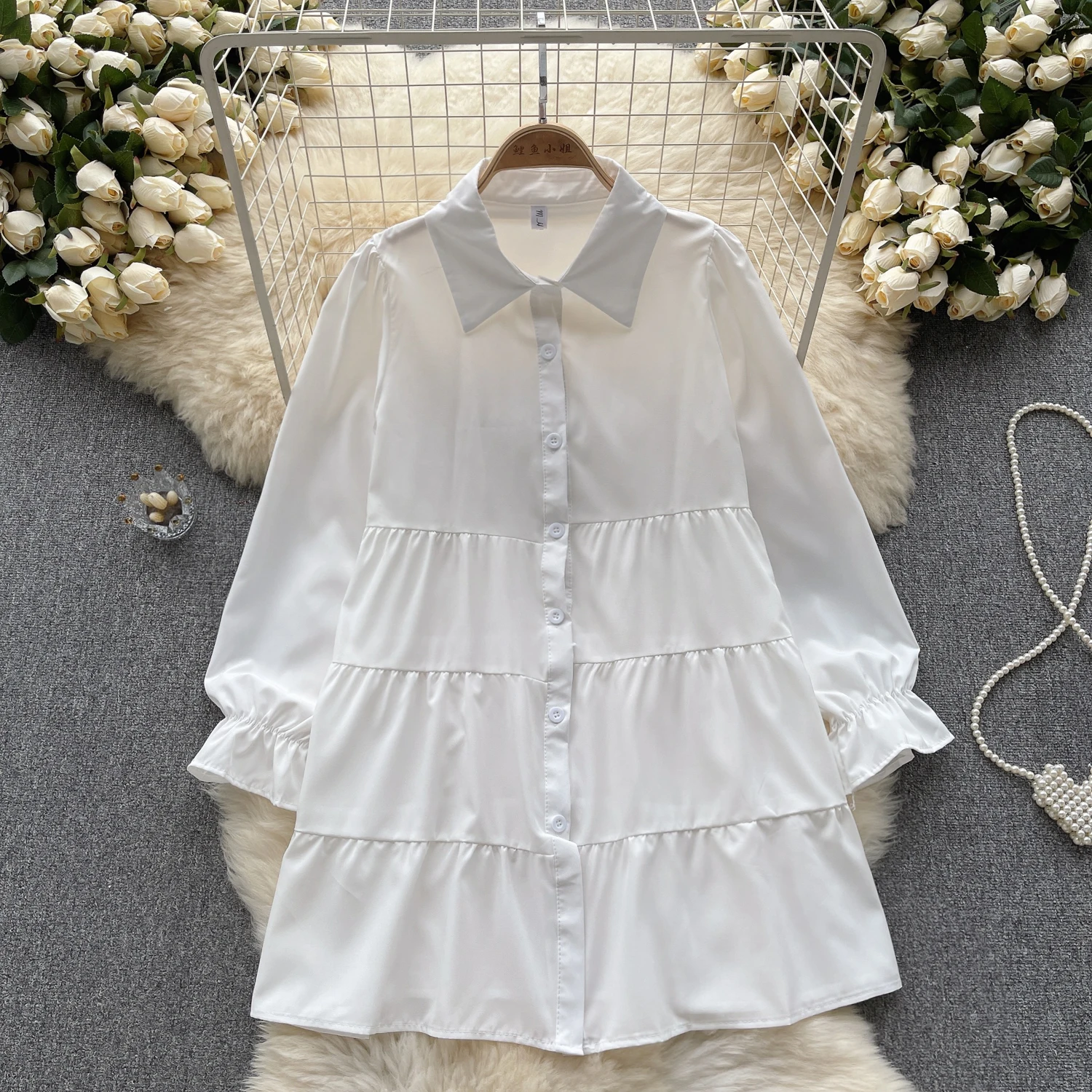 

Spring and autumn white shirt dress women loose bubble sleeves sweet short dress