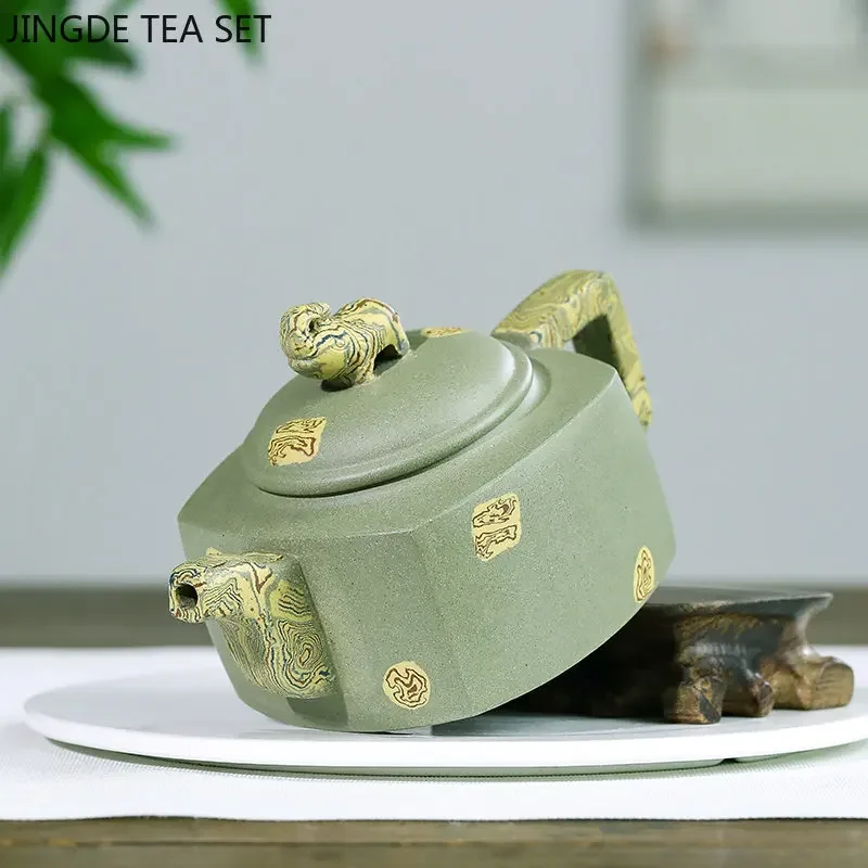 280ml Chinese Yixing Purple Clay Tea Pot Authentic Raw Ore Green Mud Teapot Handmade Square Beauty Kettle Zisha Tea Set Supplies