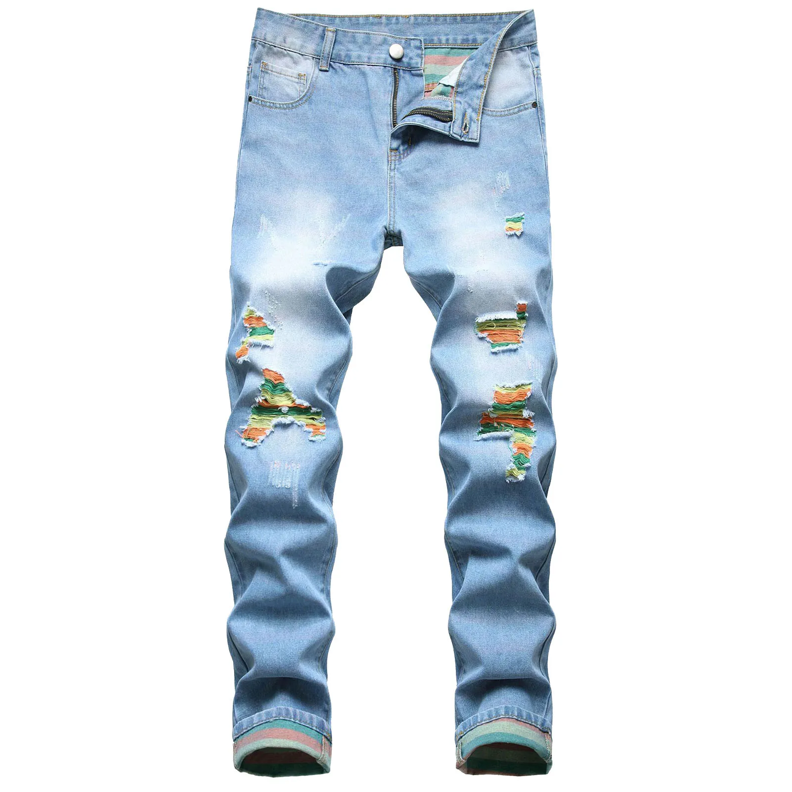 Mens Fashion Ripped Rainbow Denim Jeans