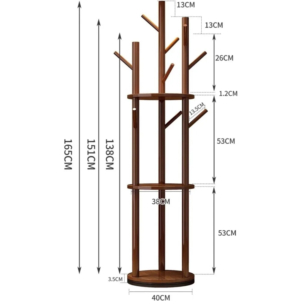 Rotary Wood Coat Racks, Household Standing Coatrack with 3 Storage Shelves, for Home Entryway Bedroom Hanging Coats Jackets Hats 2