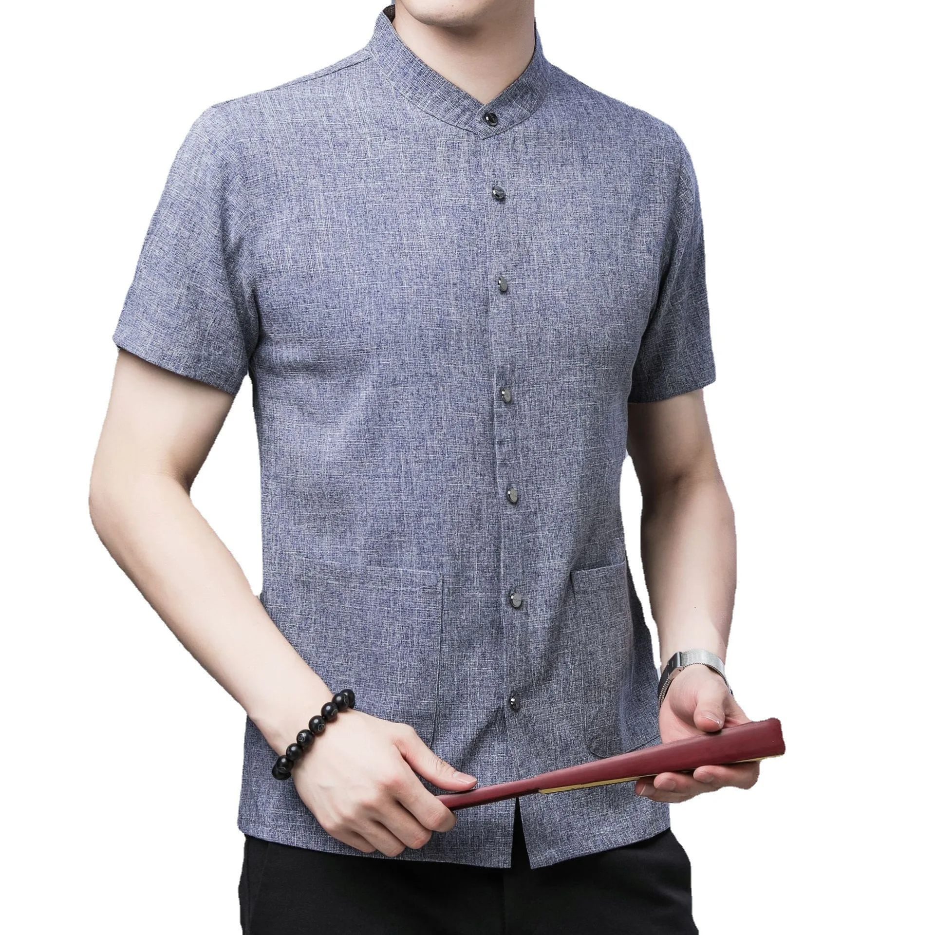 2024 New Men's Short-sleeved Seasonal Shirt with Stand Collar Linen Casual Daily Large Pocket Stand Collar Half Sleeve Shirt