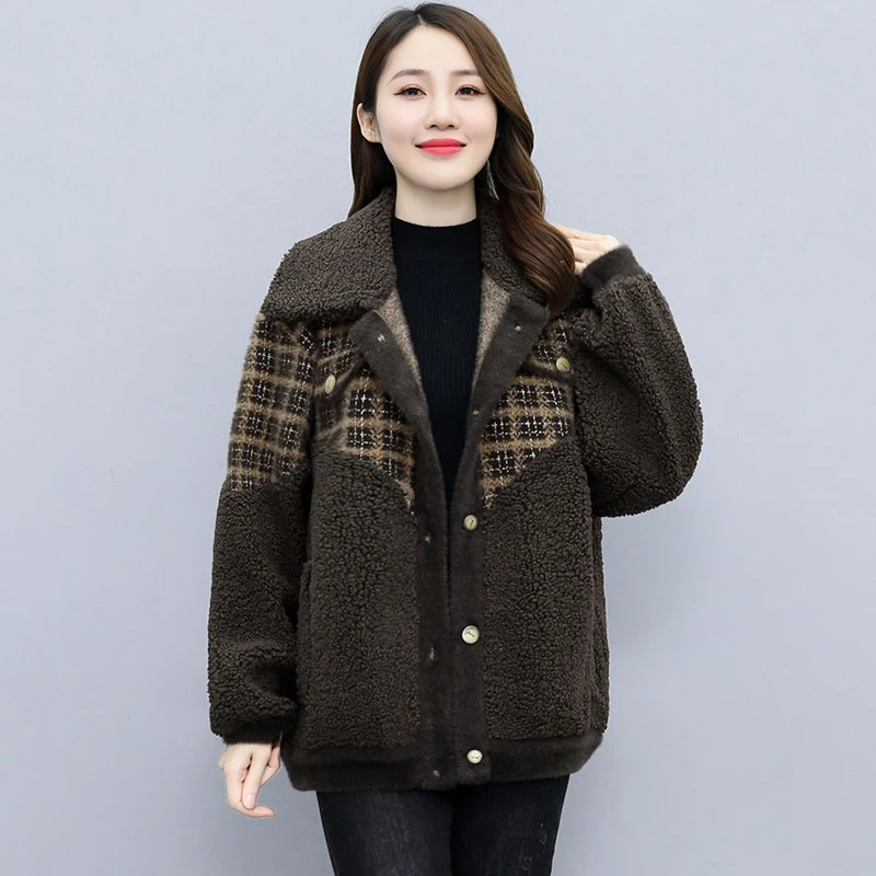 Plaid Imitation Lamb Wool Jacket Women Overcoat Autumn/Winter 2023 New Loose Short Stitching Thicke Warm Lambwool Coat Outwear