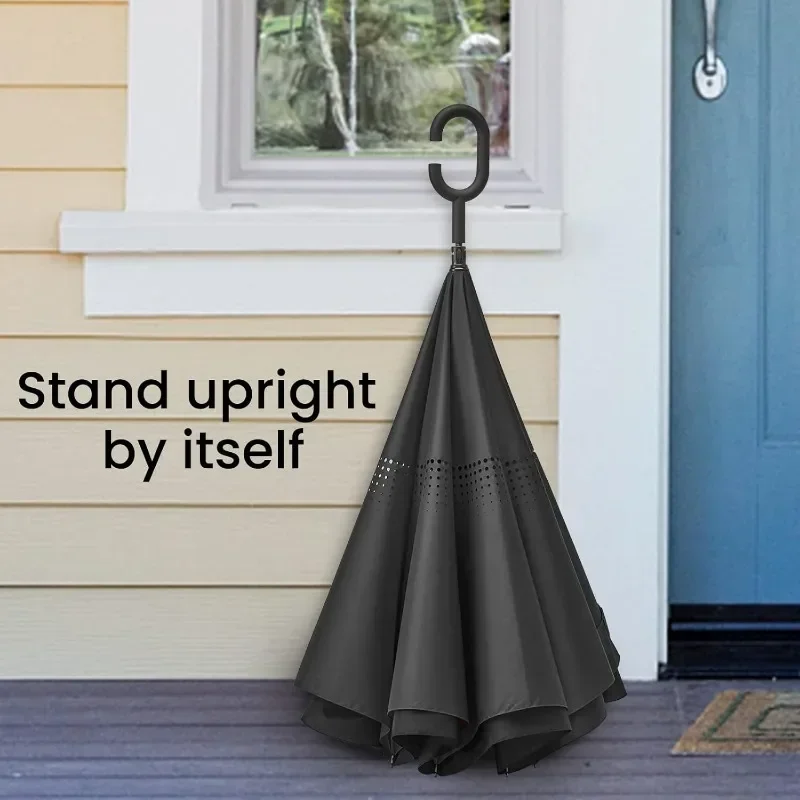 Automatic Umbrella Creative Car-mounted Long-handled Reverse C-handle Windproof Double-layer Inverted Folding automatic umbrella,wind resistant umbrella,windproof umbrella,reverse folding umbrella