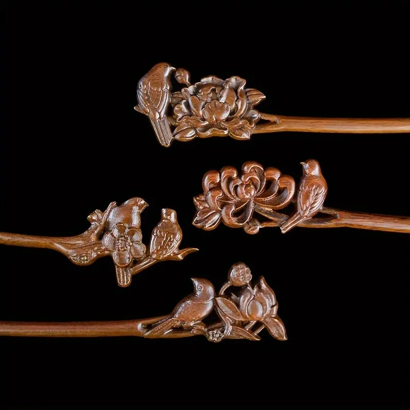 Women's Wood Carved Hair Accessory Collar Bird Peony Carving Suitable for Daily Gatherings Solid Wood Hairpin For Hair Accessory