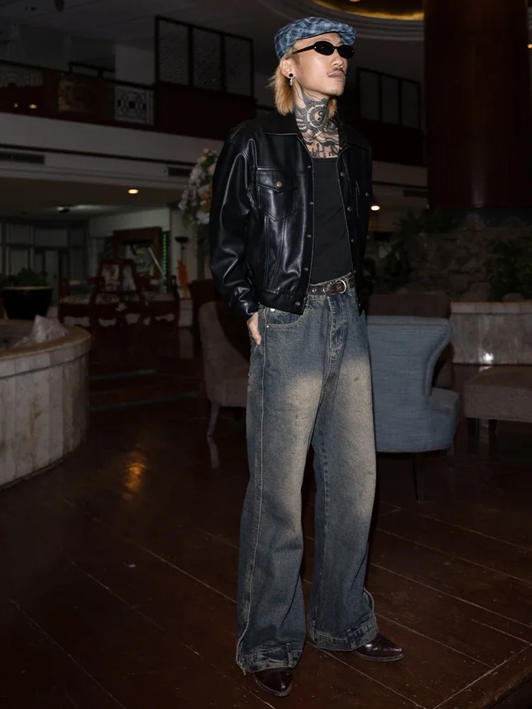 Trousers Washed Cotton Denim MicroElastic GradientColor American Retro Casual Button Loose High-End Craft Four Seasons Universal
