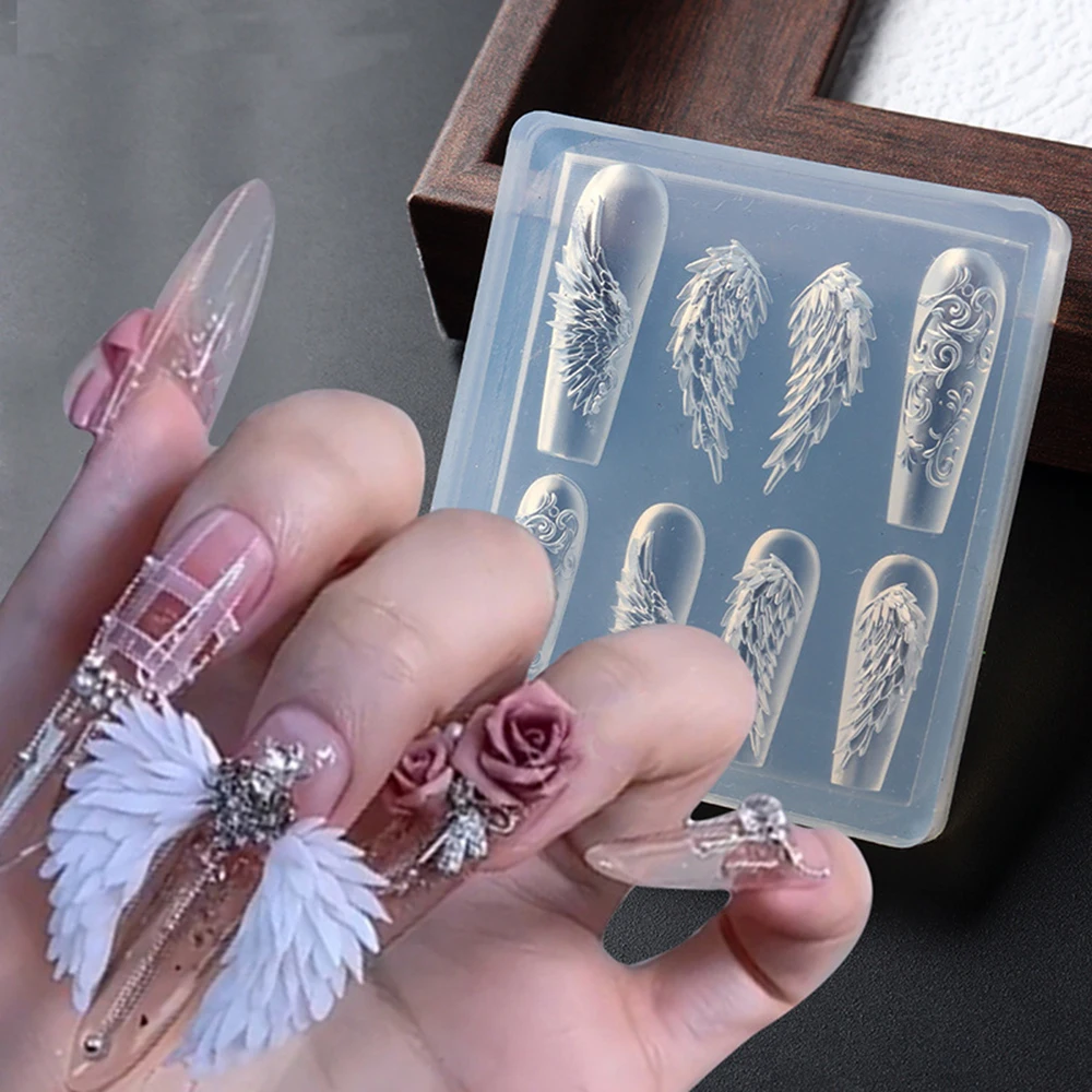 3D 천사 날개 네일 아트 실리콘 몰드 8가지 디자인 깃털 날개 네일 참 몰드 용품 UV 젤 아크릴 레진 재사용 가능 DIY 도구