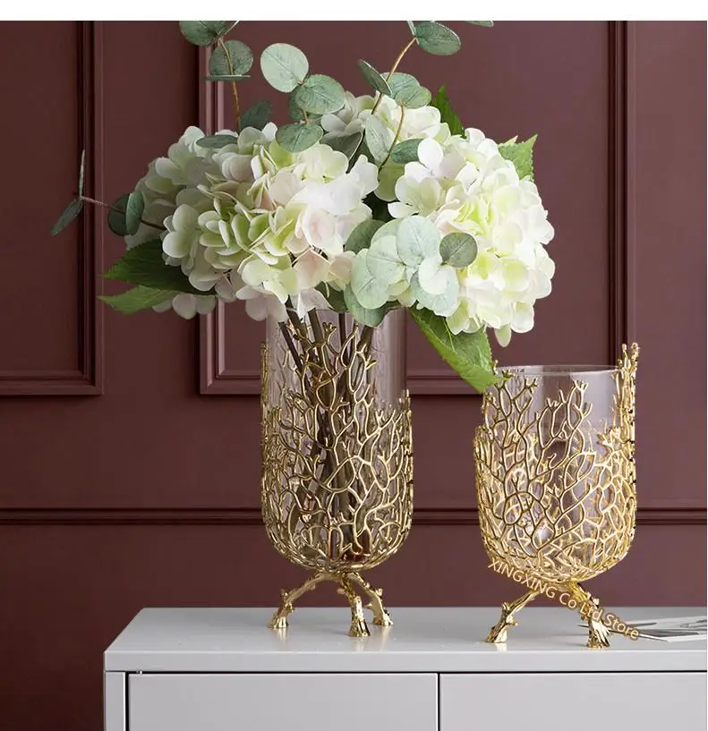 

Gold Hollow Coral Vase Transparent Glass Vase Ornament Metal Rack Living Room Hydroponic Flower Arrangement Home Decoration