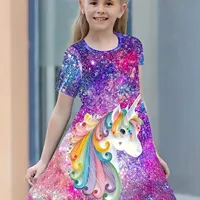 Girls Starry Unicorn Digital Print Round Neck Short Sleeve Party Casual Dress 1