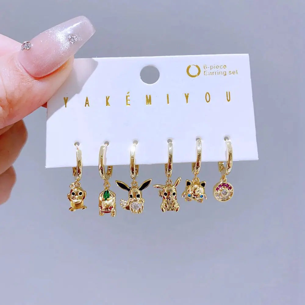 6pcs/Set Cute Cartoon Animal Pendants Huggie Hoop Earrings for Women Gold Color Zircon Crystal Jewelry 2