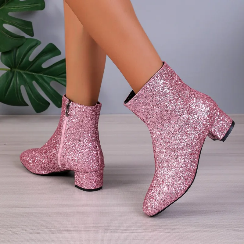 Shiny Women Shoes 2023 New Design Winter Women's Boots Fashionable Pointed Toe Pink Ankle Boots Thick Heel Zipper Short Boots