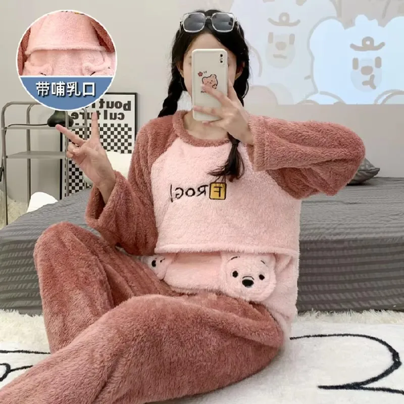 New Maternity Feeding Pajamas Winter Sets Women Winter Nursing Clothes Set Fashion Cartoon Lactation Coat Long Trousers Twinset 4